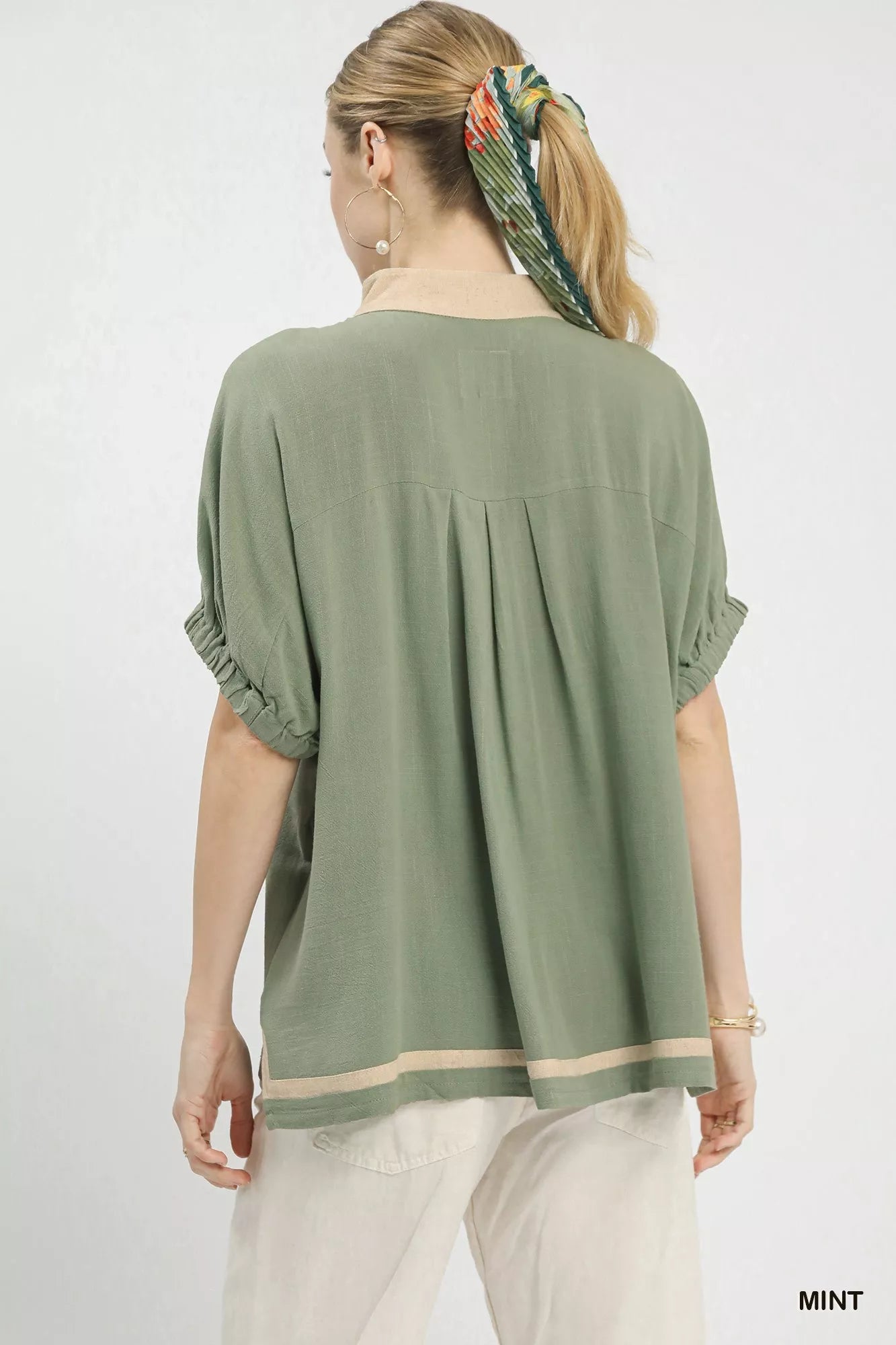 Breathable Linen Blouse with V-Neckline and Contrast Detailing, Short Sleeves, Unlined for Comfort - MINT-S- - PBNJ FASHIONS