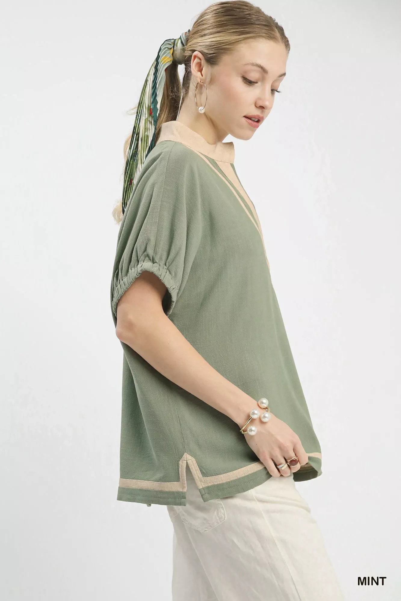 Breathable Linen Blouse with V-Neckline and Contrast Detailing, Short Sleeves, Unlined for Comfort - MINT-S- - PBNJ FASHIONS