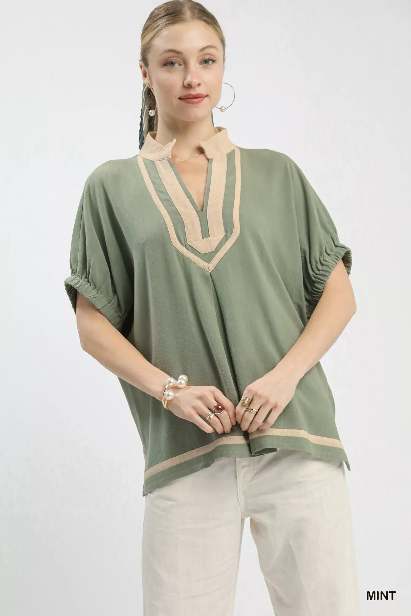 Breathable Linen Blouse with V-Neckline and Contrast Detailing, Short Sleeves, Unlined for Comfort - MINT-S- - PBNJ FASHIONS