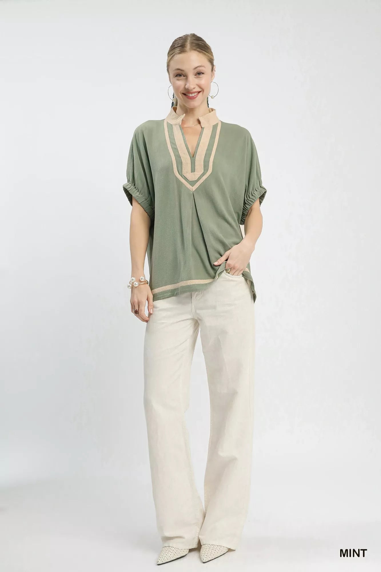 Breathable Linen Blouse with V-Neckline and Contrast Detailing, Short Sleeves, Unlined for Comfort - MINT-S- - PBNJ FASHIONS