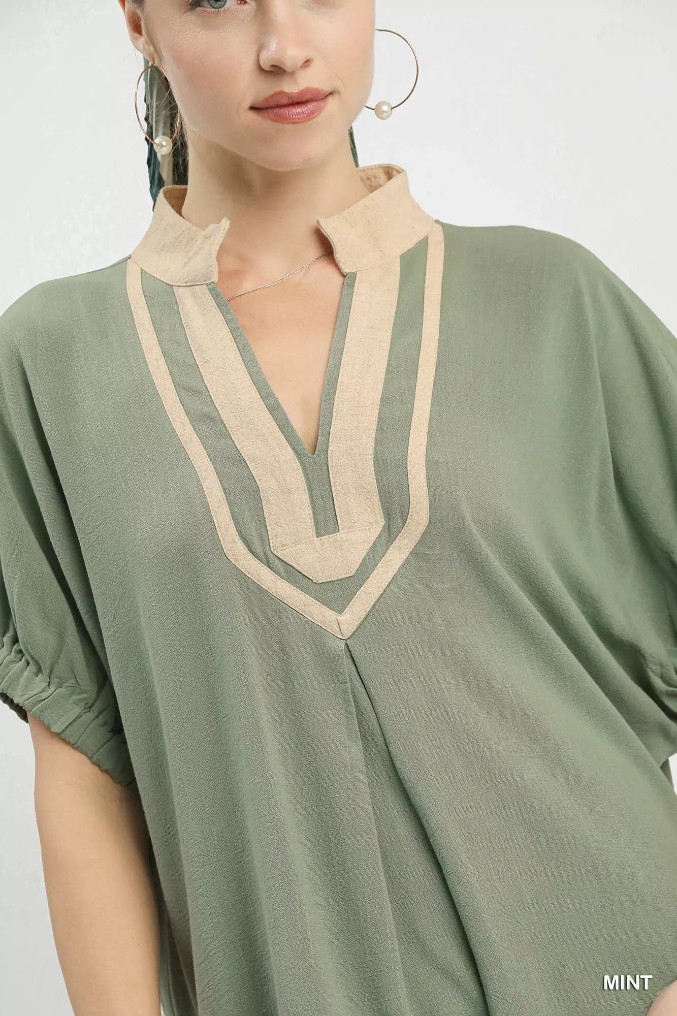Breathable Linen Blouse with V-Neckline and Contrast Detailing, Short Sleeves, Unlined for Comfort - MINT-S- - PBNJ FASHIONS