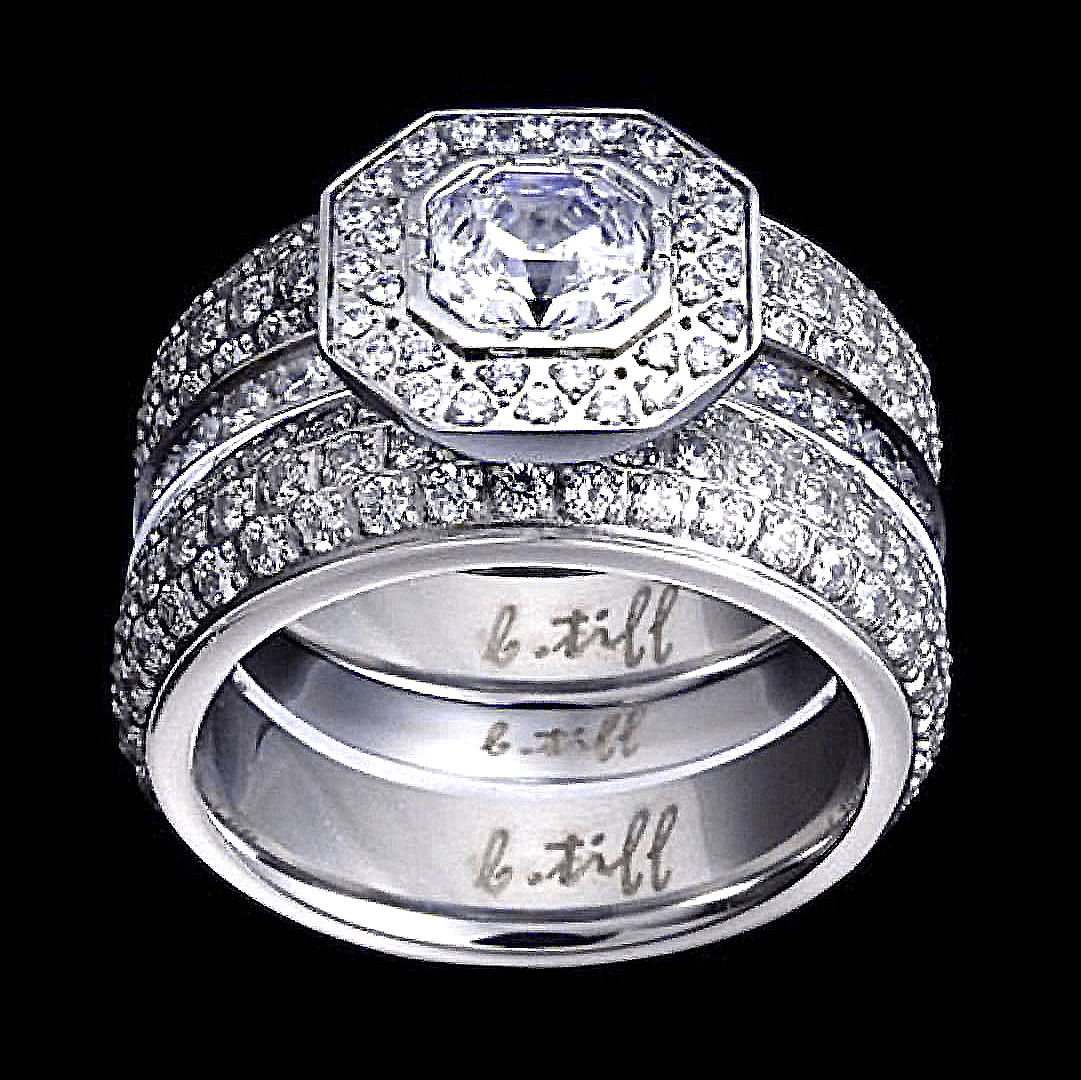 B.Tiff Aŭreolo II 1 ct Cushion Cut Halo Engagement Ring & Three - Row Eternity Band Set - PBNJ FASHIONS