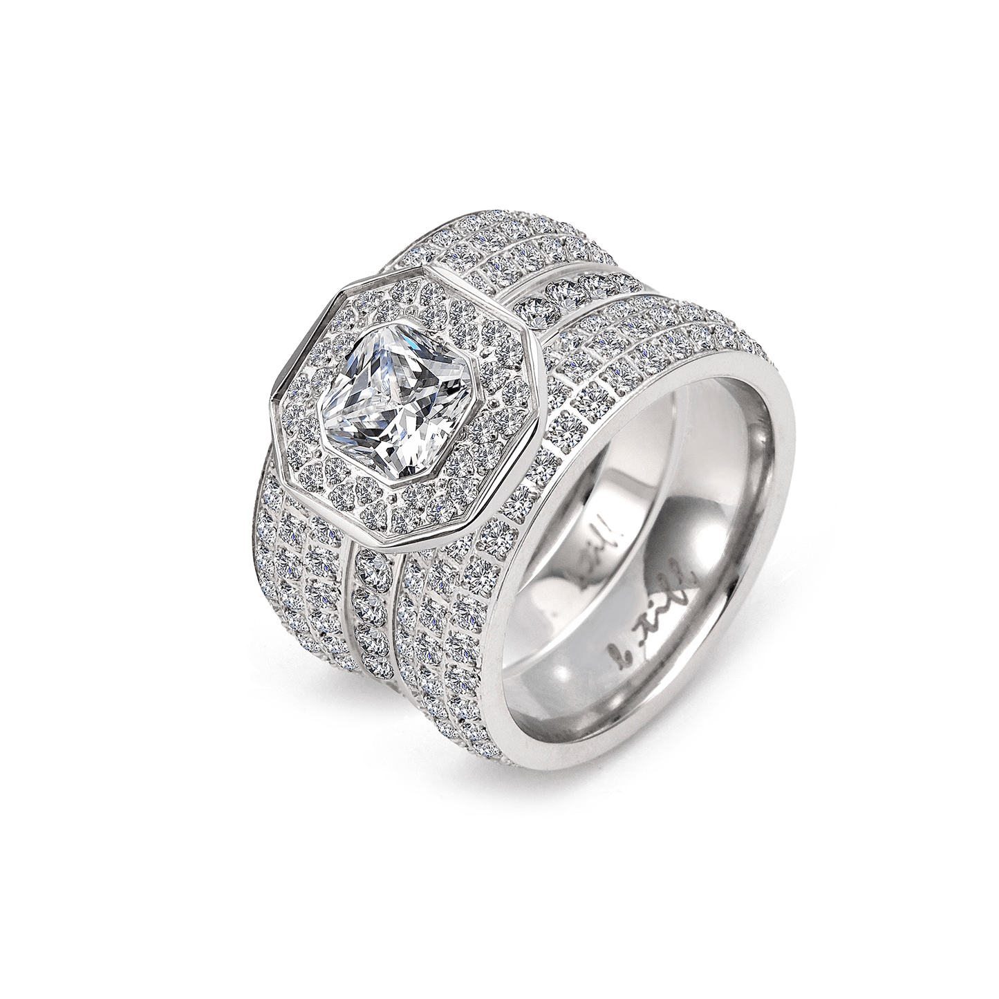 B.Tiff Aŭreolo II 1 ct Cushion Cut Halo Engagement Ring & Three - Row Eternity Band Set - PBNJ FASHIONS
