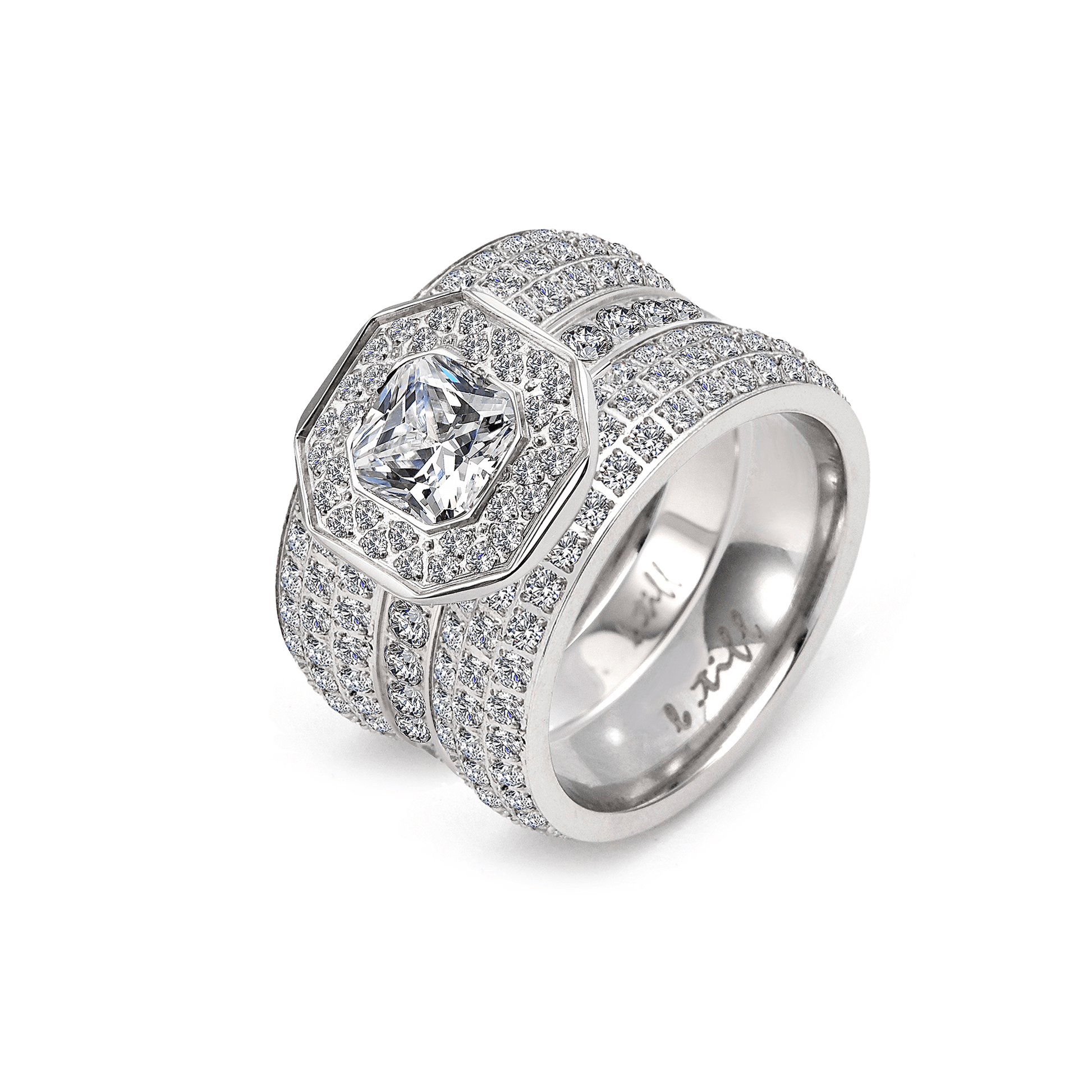 B.Tiff Aŭreolo II 1 ct Cushion Cut Halo Engagement Ring & Three - Row Eternity Band Set - PBNJ FASHIONS