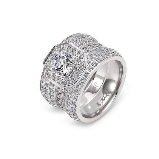 B.Tiff Aŭreolo II 1 ct Cushion Cut Halo Engagement Ring & Three - Row Eternity Band Set - PBNJ FASHIONS
