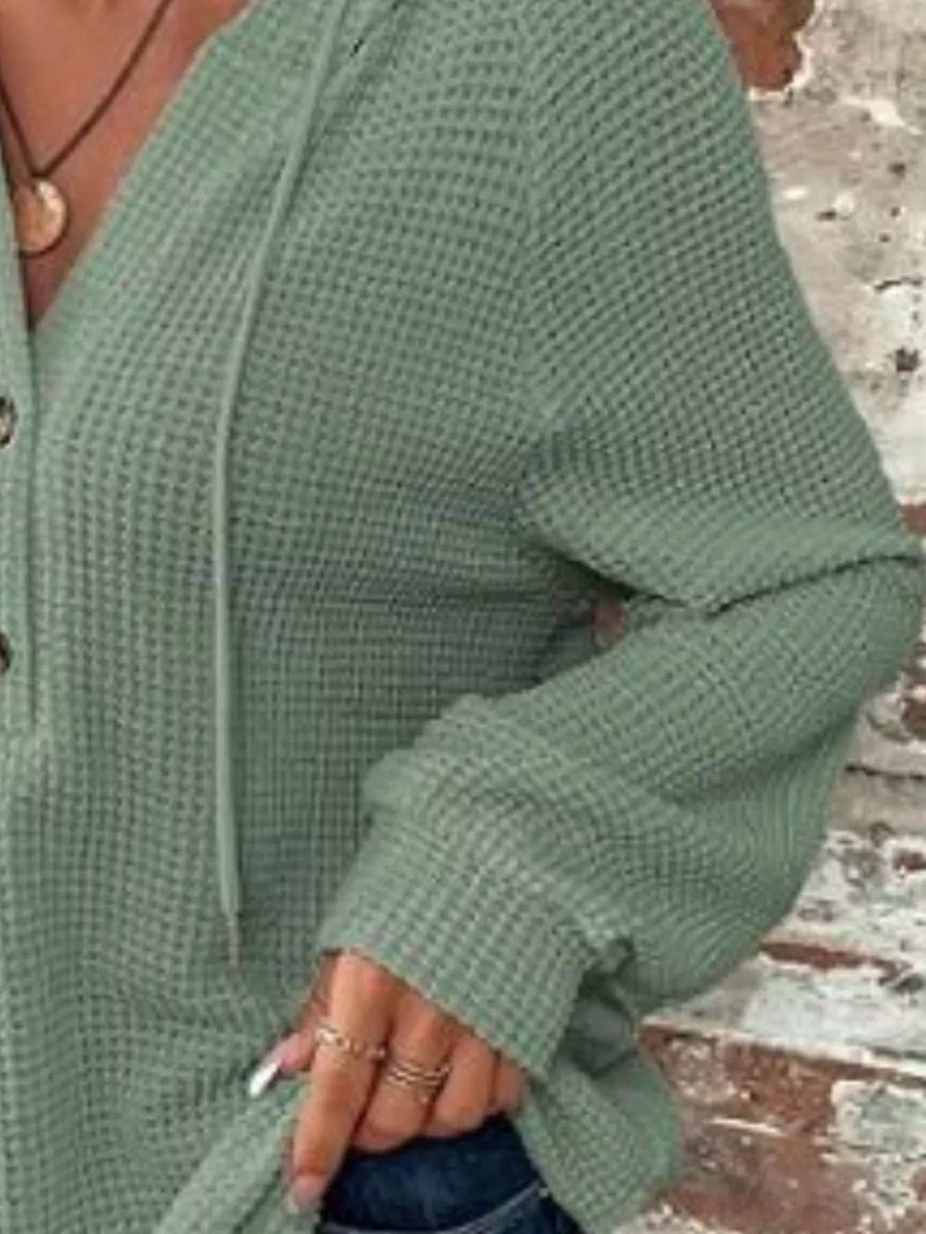 Waffle Knit Button Detail Hoodie - PBNJ FASHIONS