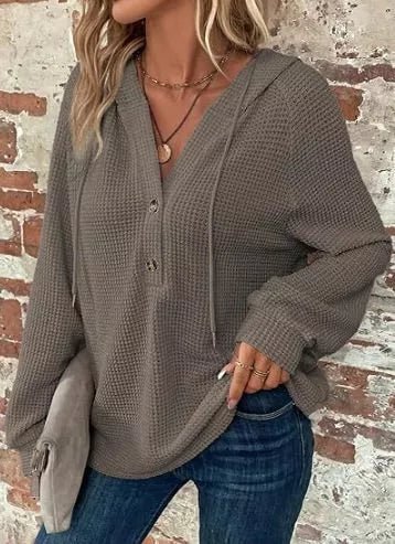 Waffle Knit Button Detail Hoodie - PBNJ FASHIONS