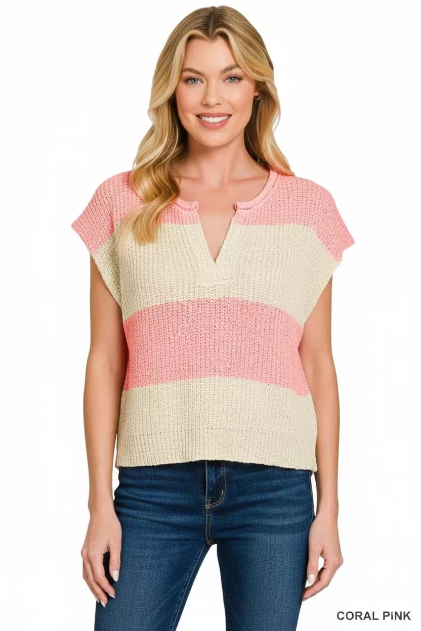 Zenana Split Neck Sleeveless Stripe Sweater - PBNJ FASHIONS
