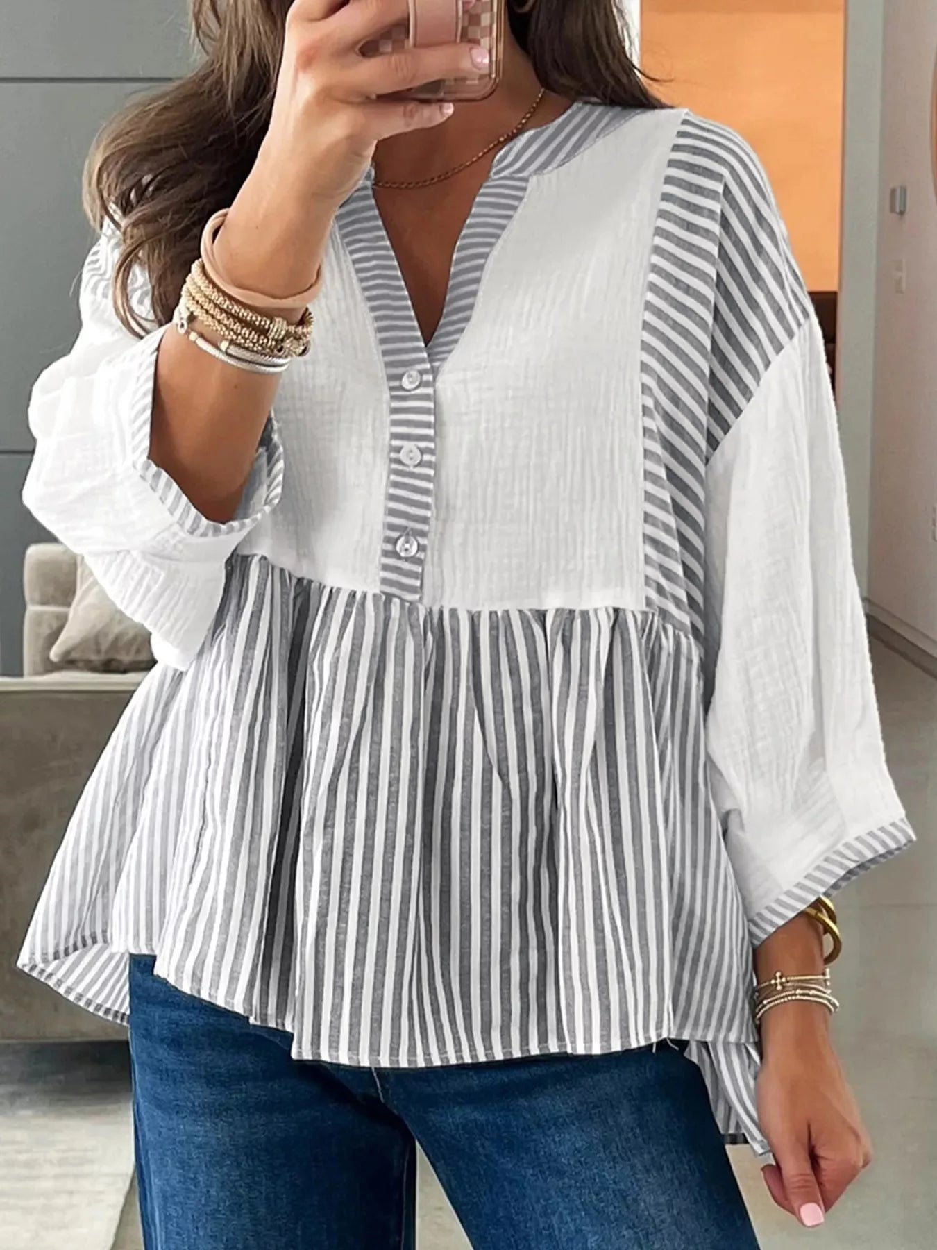 Striped Button Detail Blouse - PBNJ FASHIONS