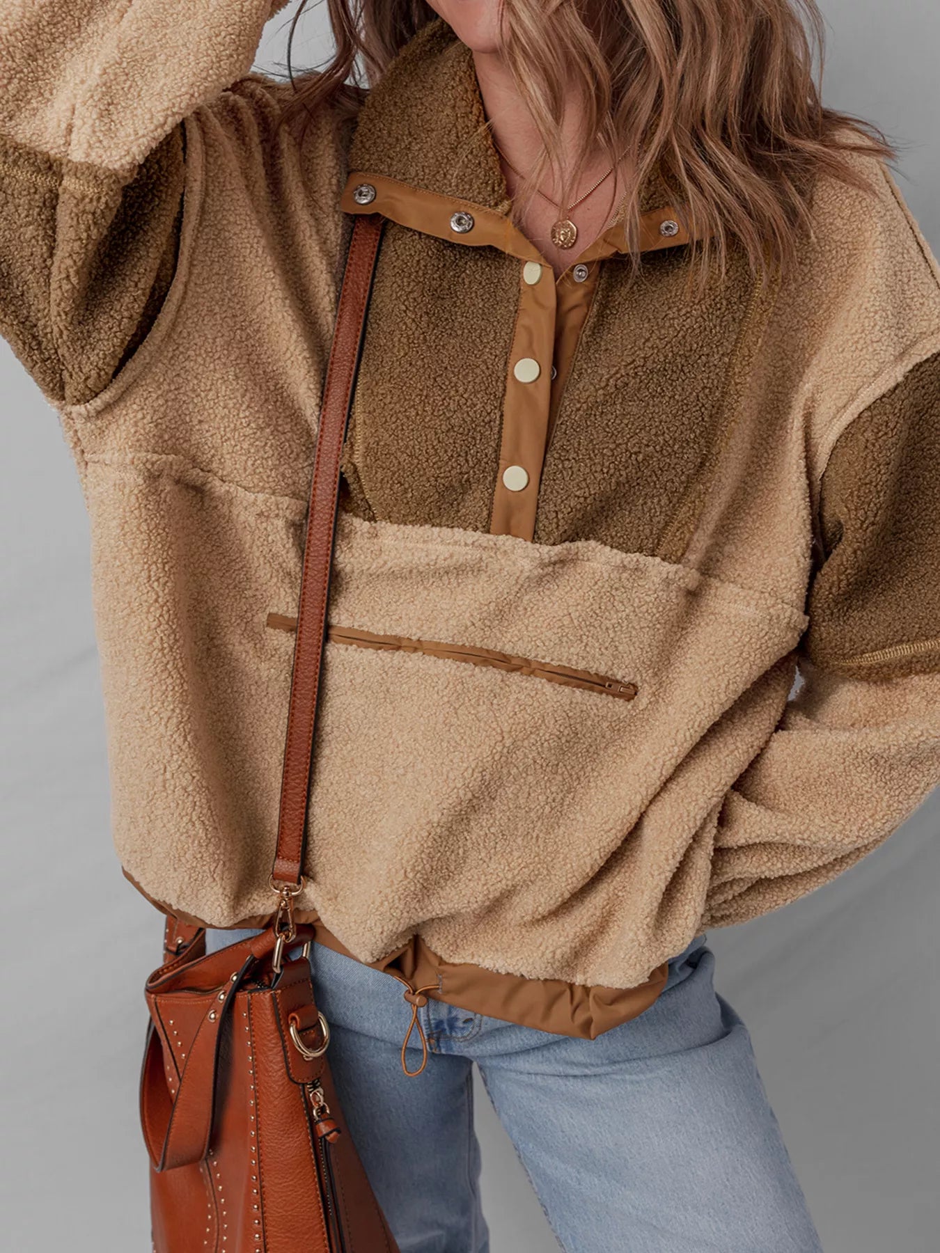 Color Block Patchwork Half Button Sherpa Sweatshirt - PBNJ FASHIONS