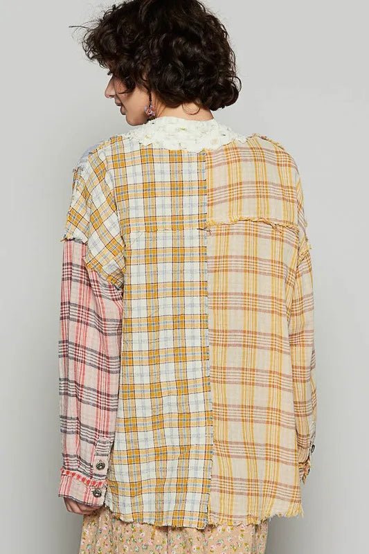 POL Raw Edge Plaid Open Front Cardigan - PBNJ FASHIONS