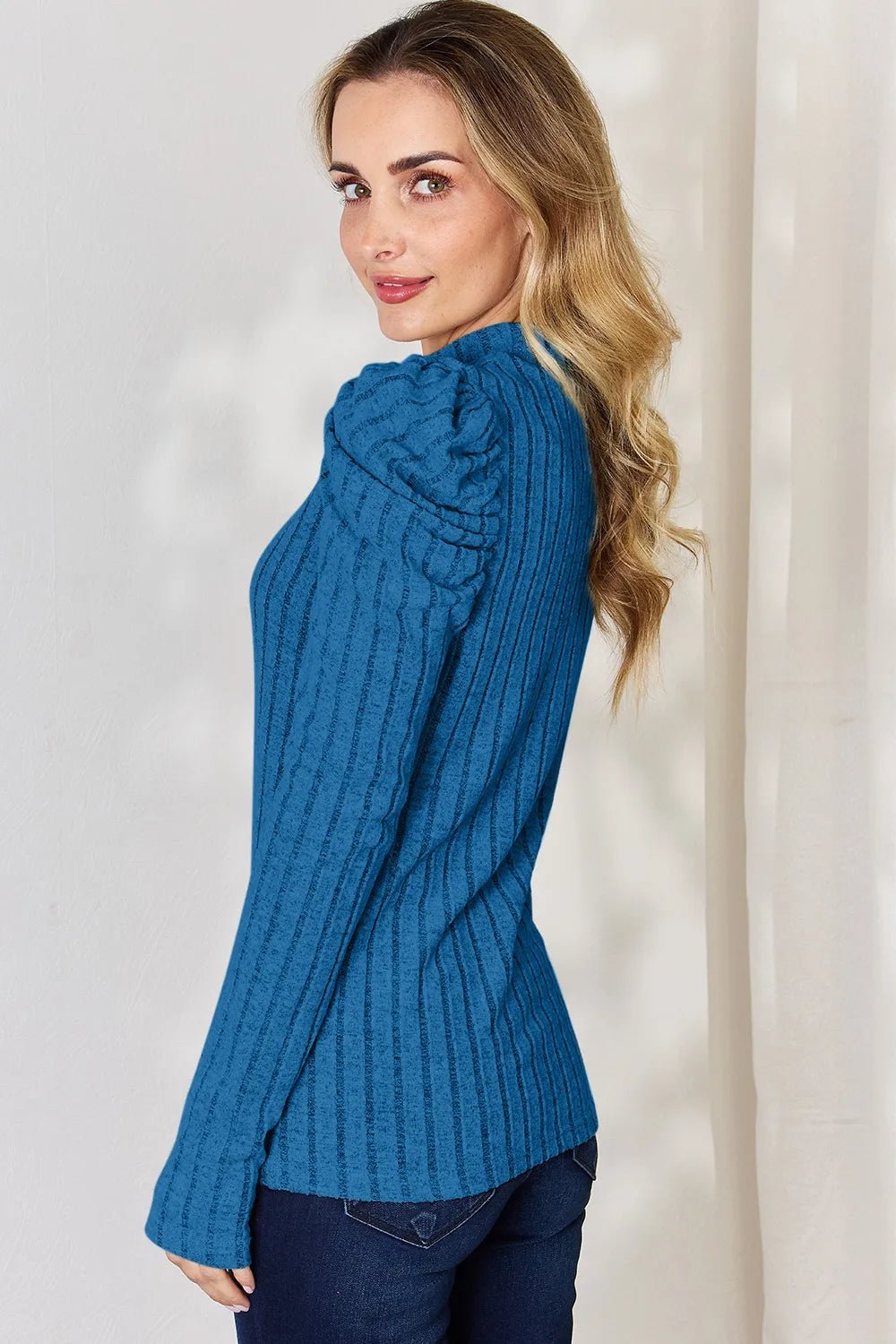 Basic Bae Full Size Ribbed Mock Neck Puff Sleeve T-Shirt - PBNJ FASHIONS