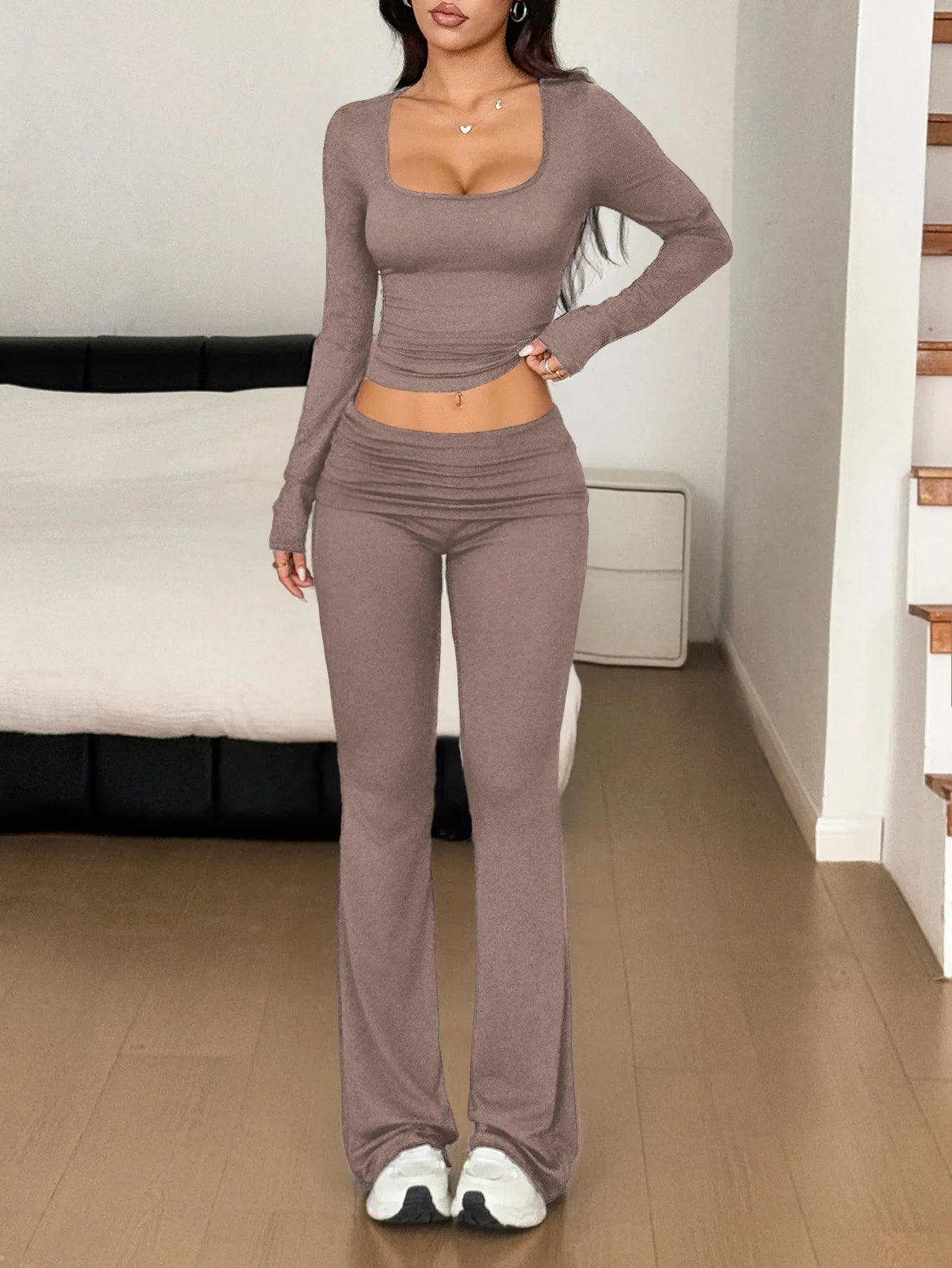 Long Sleeve Crop Top and Bootcut Pants Set - PBNJ FASHIONS