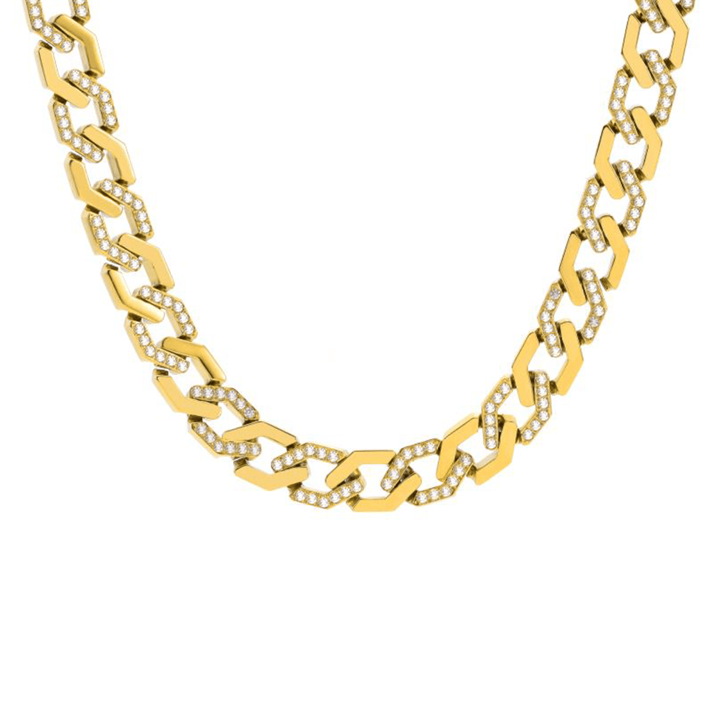 C101G B.Tiff Gold Pavé High Polish Flat Angular Cuban Link Necklace - PBNJ FASHIONS