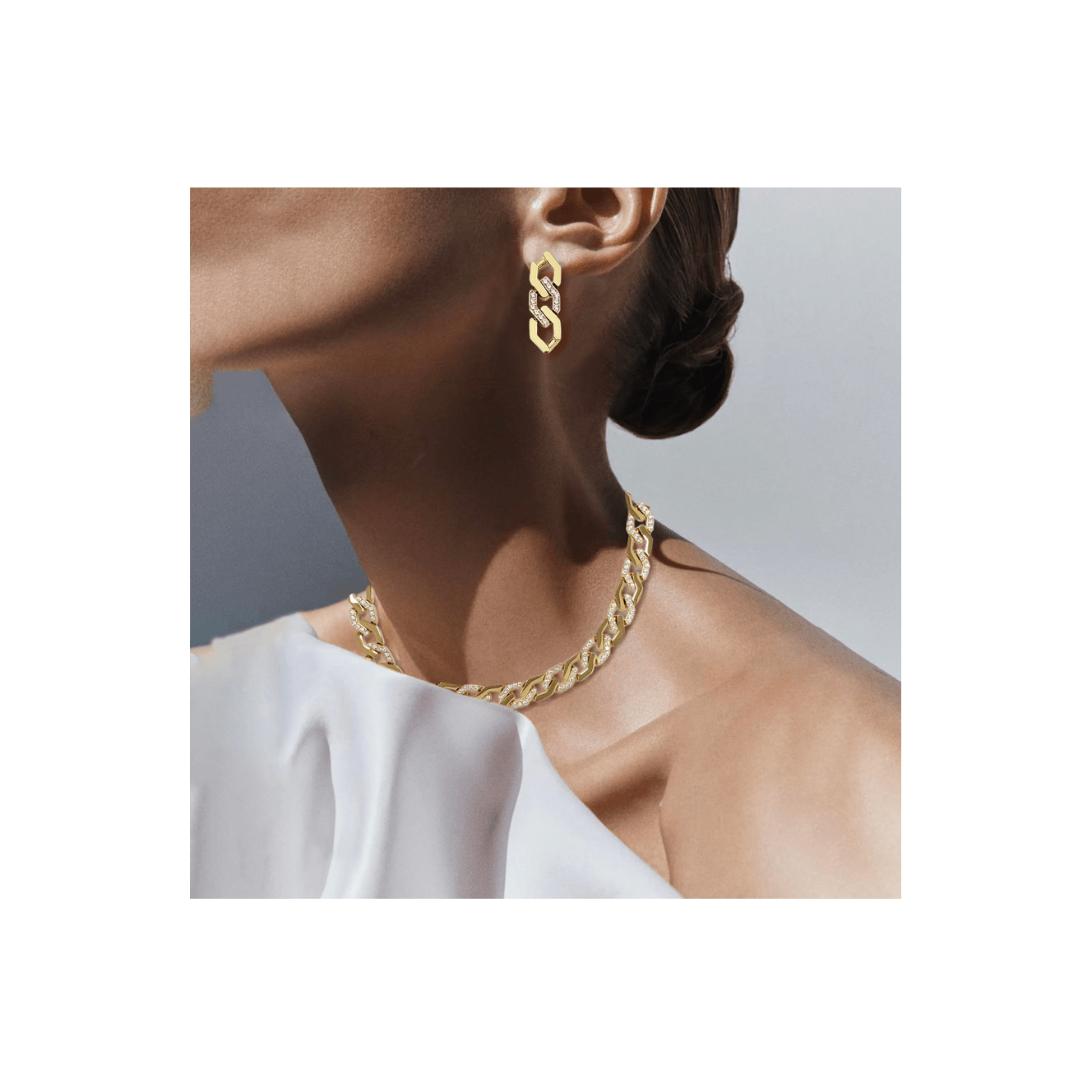 C101G B.Tiff Gold Pavé High Polish Flat Angular Cuban Link Necklace - PBNJ FASHIONS