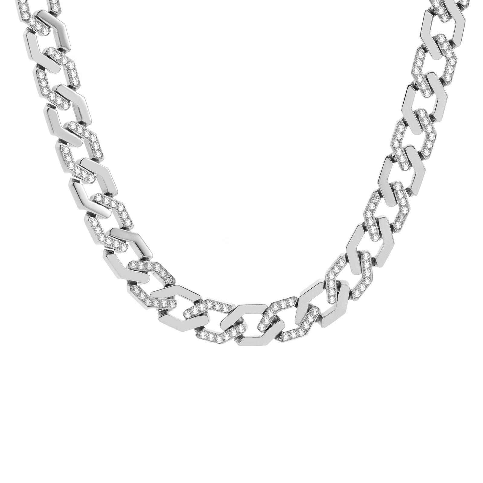 C101W B.Tiff Pavé High Polish Flat Angular Cuban Link Necklace - PBNJ FASHIONS
