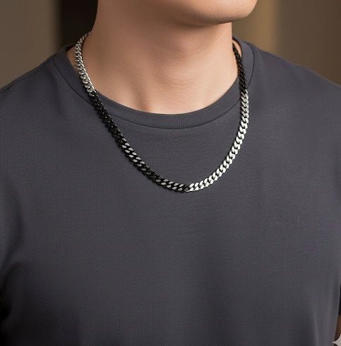 C138BW B.Tiff 8mm 2 Tone Matte Black & High Polish Stainless Steel Flat Cuban Link Necklace - PBNJ FASHIONS