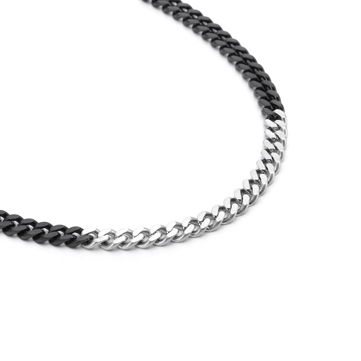 C138BW B.Tiff 8mm 2 Tone Matte Black & High Polish Stainless Steel Flat Cuban Link Necklace - PBNJ FASHIONS