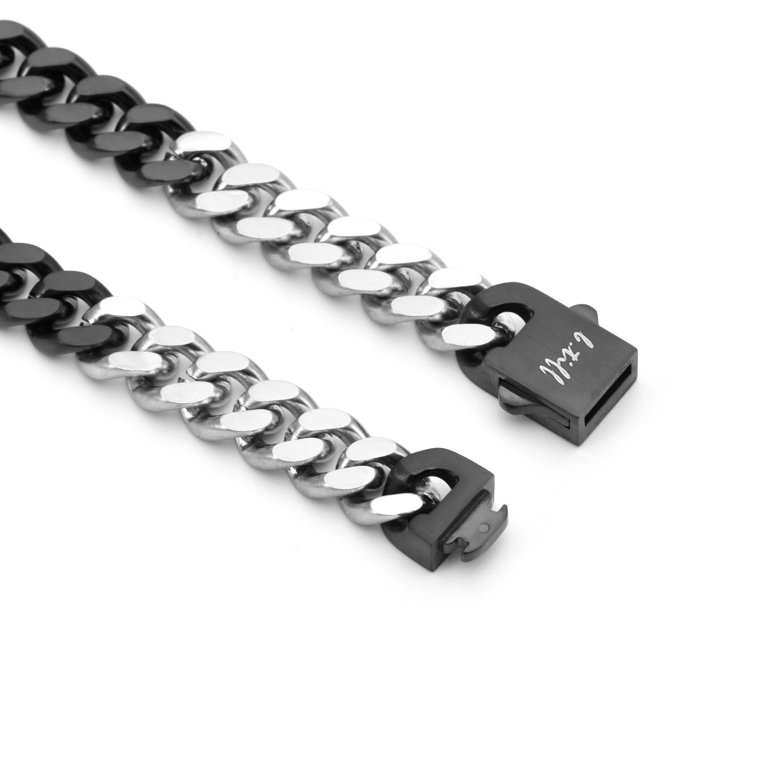 C138BW B.Tiff 8mm 2 Tone Matte Black & High Polish Stainless Steel Flat Cuban Link Necklace - PBNJ FASHIONS