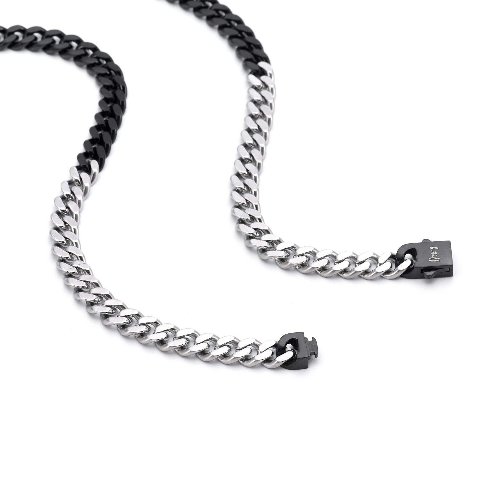C138BW B.Tiff 8mm 2 Tone Matte Black & High Polish Stainless Steel Flat Cuban Link Necklace - PBNJ FASHIONS