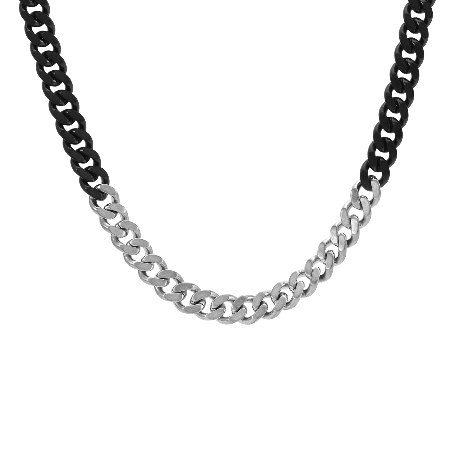 C138BW B.Tiff 8mm 2 Tone Matte Black & High Polish Stainless Steel Flat Cuban Link Necklace - PBNJ FASHIONS