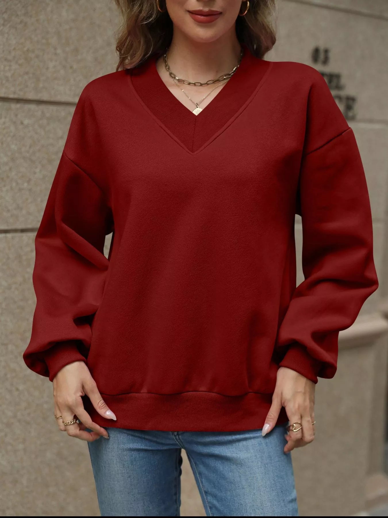 V - Neck Solid Color Casual Sweatshirt - PBNJ FASHIONS