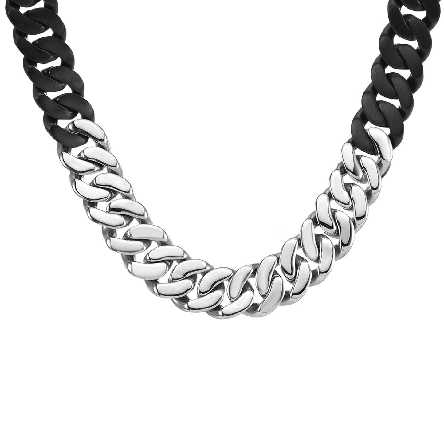 C160BW B.Tiff 16mm 2 Tone Black & Stainless Steel Flat Cuban Link Necklace - PBNJ FASHIONS