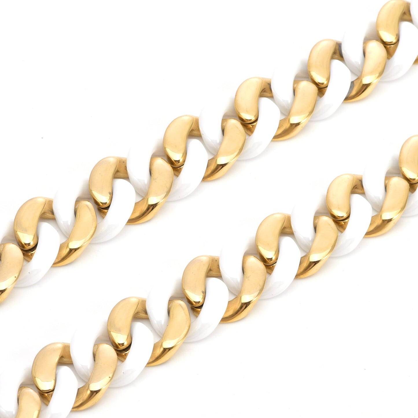 C160GW B.Tiff 16mm 2 - Tone Gold Plated White Ceramic Flat Cuban Link Necklace - PBNJ FASHIONS