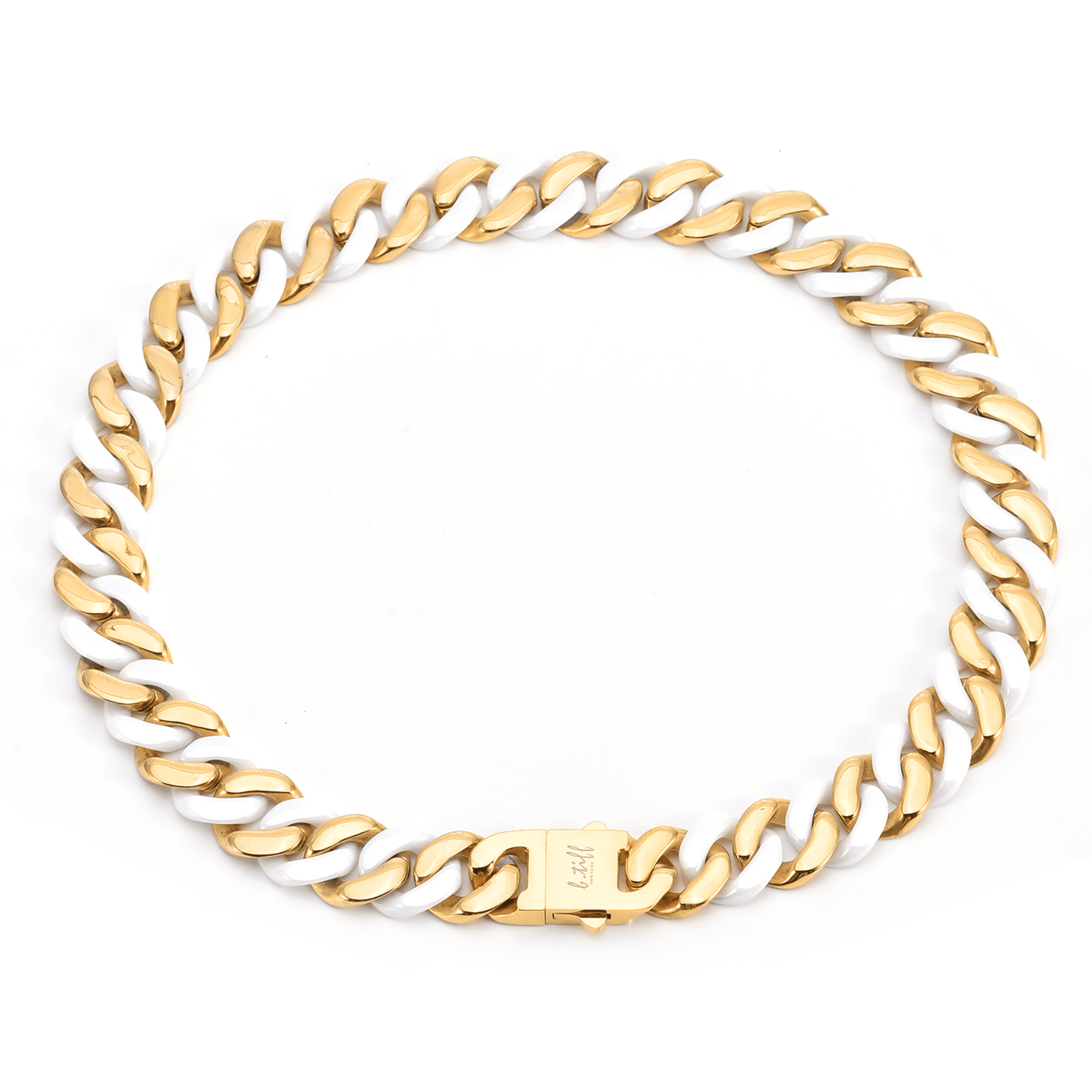 C160GW B.Tiff 16mm 2 - Tone Gold Plated White Ceramic Flat Cuban Link Necklace - PBNJ FASHIONS