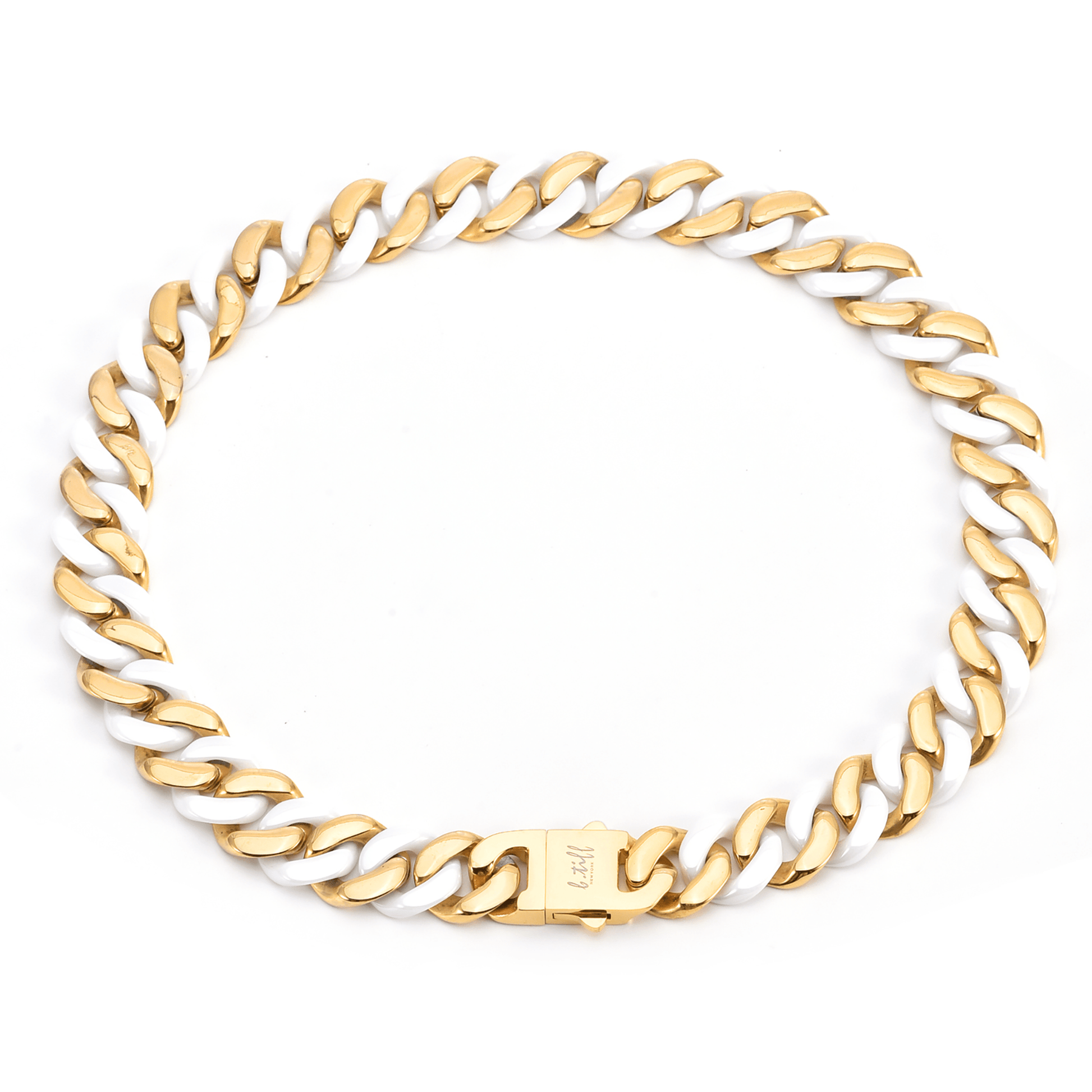 C160GW B.Tiff 16mm 2 - Tone Gold Plated White Ceramic Flat Cuban Link Necklace - PBNJ FASHIONS