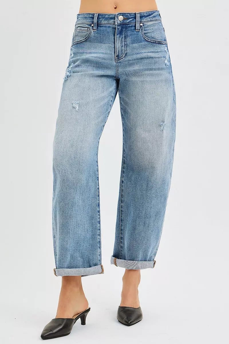 RISEN Full Size Slouchy Ankle Length Barrel Jeans with Cuffs Plus Size - PBNJ FASHIONS