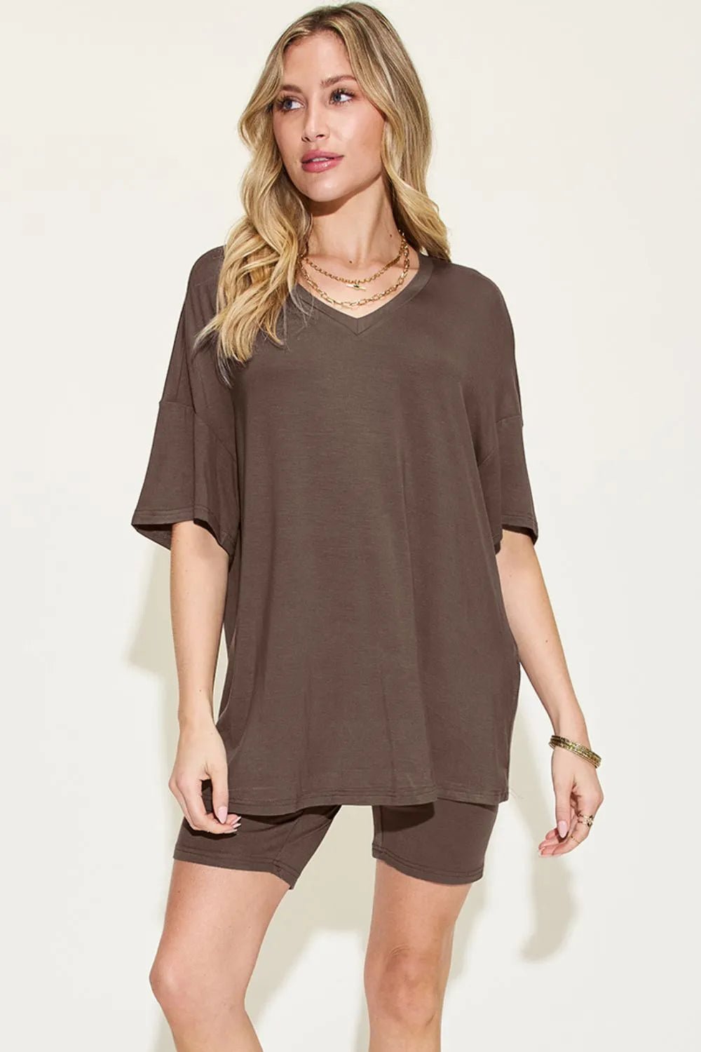 Basic Bae Full Size V - Neck Drop Shoulder T-Shirt and Shorts Set - PBNJ FASHIONS