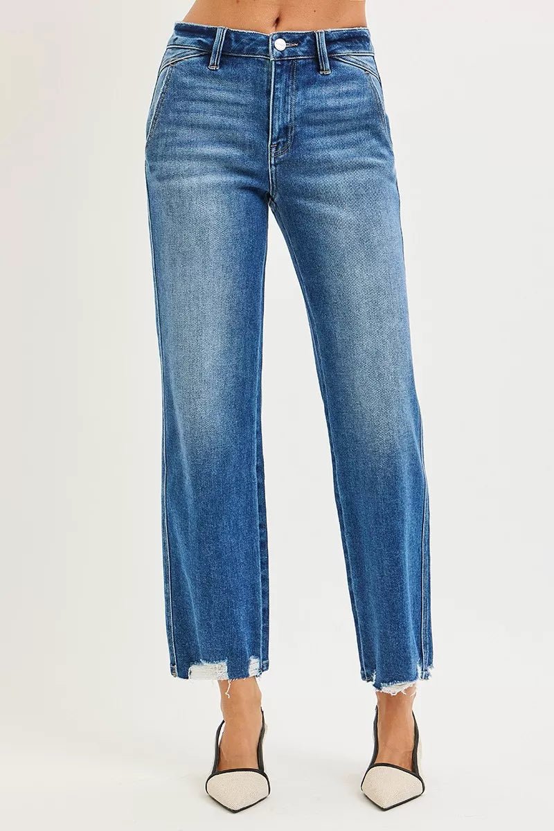 RISEN High Rise Ankle Straight Distressed Hem Detail Jeans - PBNJ FASHIONS