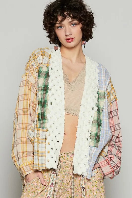 POL Raw Edge Plaid Open Front Cardigan - PBNJ FASHIONS