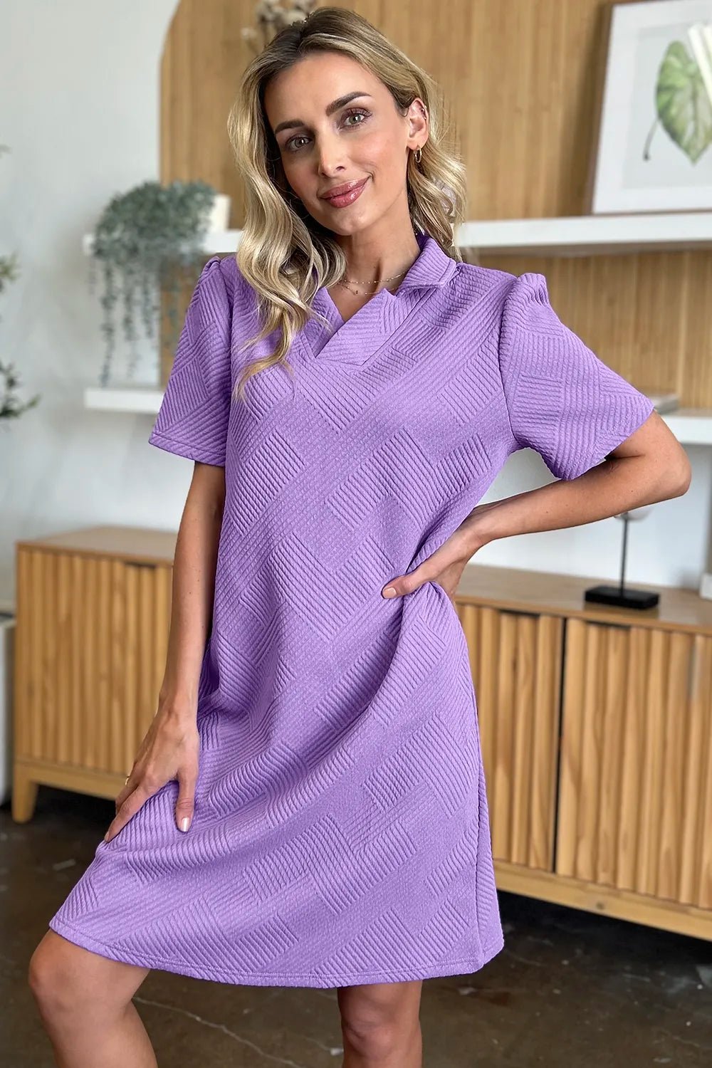 Double Take Full Size Texture Collared Neck Short Sleeve Dress - PBNJ FASHIONS