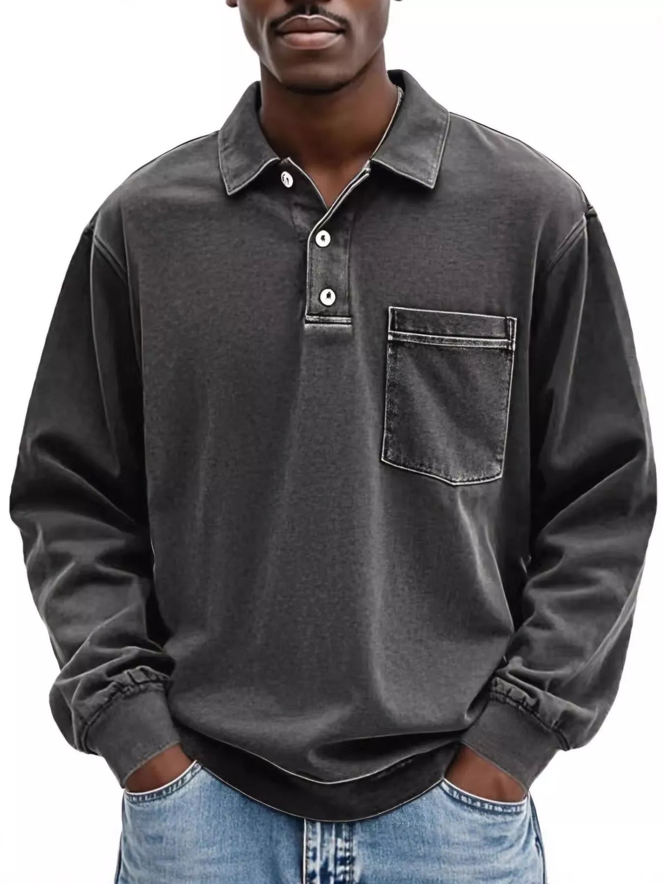 Men's Full Size Vintage Button Detail Long Sleeve Polo Plus Size - PBNJ FASHIONS