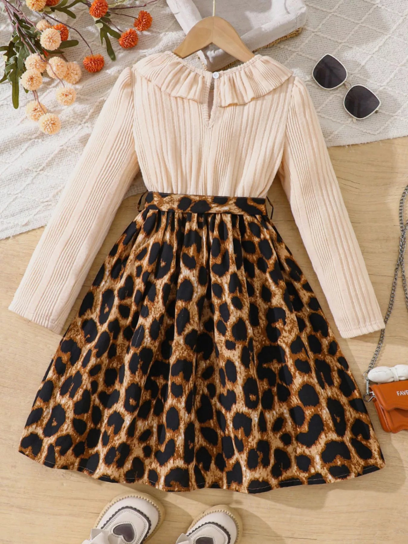 Children's Leopard Print Ruffle Collar Long Sleeve Dress - PBNJ FASHIONS