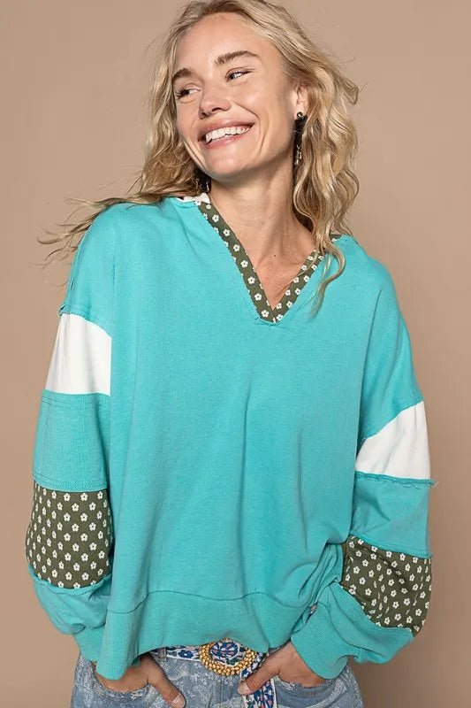 POL Exposed Seam Floral Patchwork French Terry Hoodie - PBNJ FASHIONS