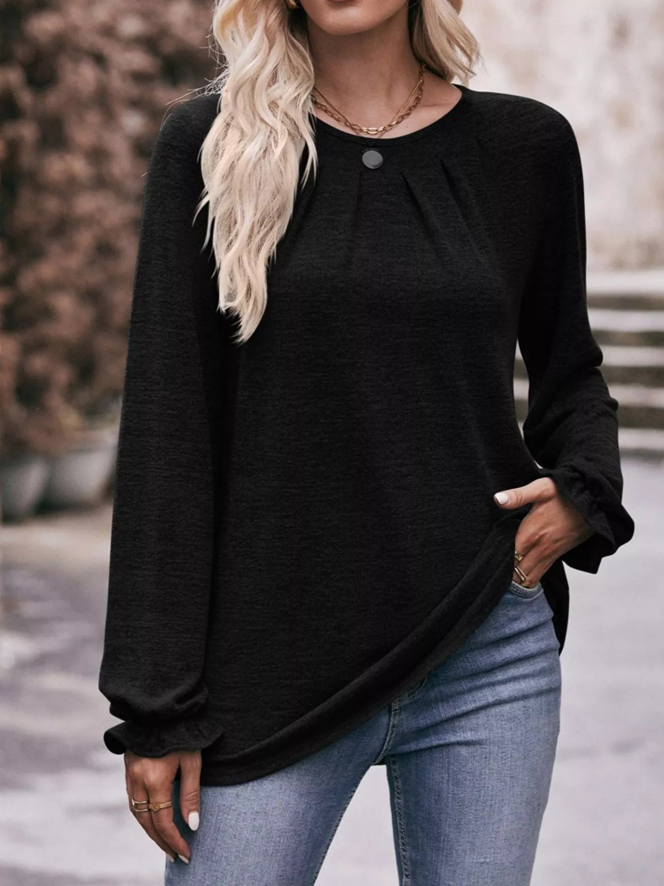 Ruffle Cuff Long Sleeve T-Shirt - PBNJ FASHIONS