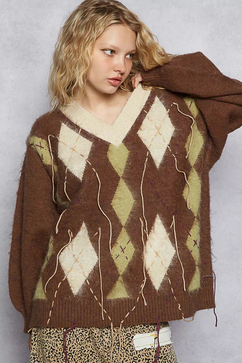 POL V - Neck Argyle Pattern Mohair Sweater with Contrast Exposed Stitch Detail - PBNJ FASHIONS