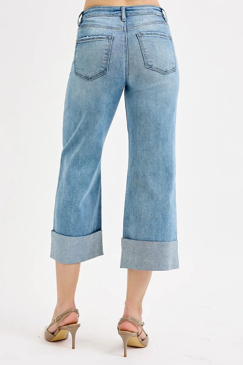 RISEN Full Size Tummy Control High Rise Ankle Wide Cuffed Jeans Plus Size - PBNJ FASHIONS