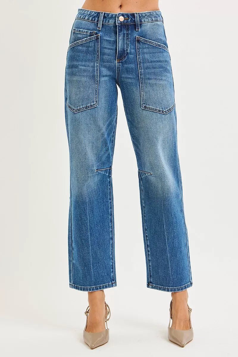 RISEN 4 Way Stretch Mid Rise Barrel Jeans with Patch Pocket Detail - PBNJ FASHIONS