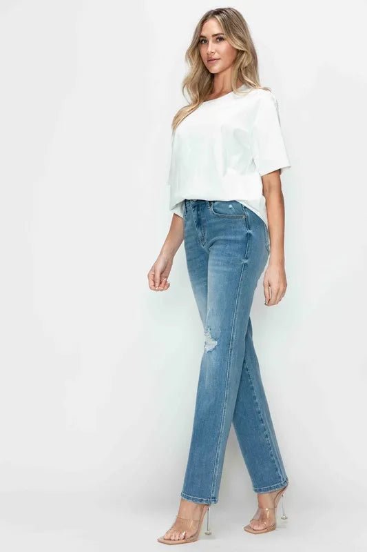 bytos Full Size Distressed High Rise Straight Jeans - PBNJ FASHIONS