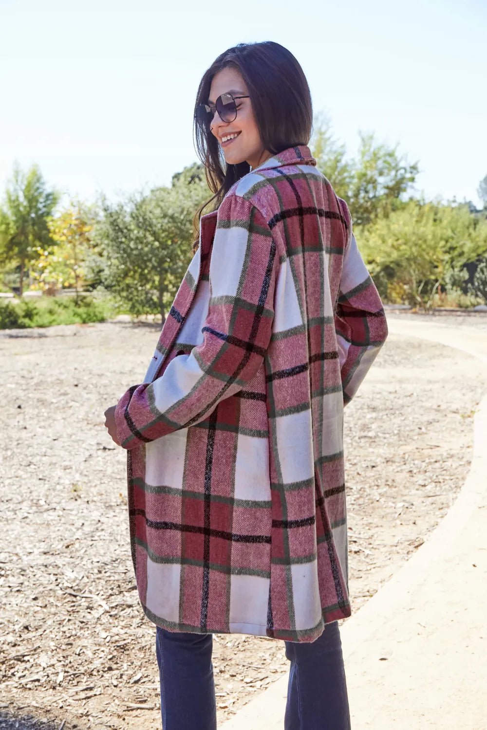 Double Take Full Size Plaid Button Up Lapel Collar Coat - PBNJ FASHIONS
