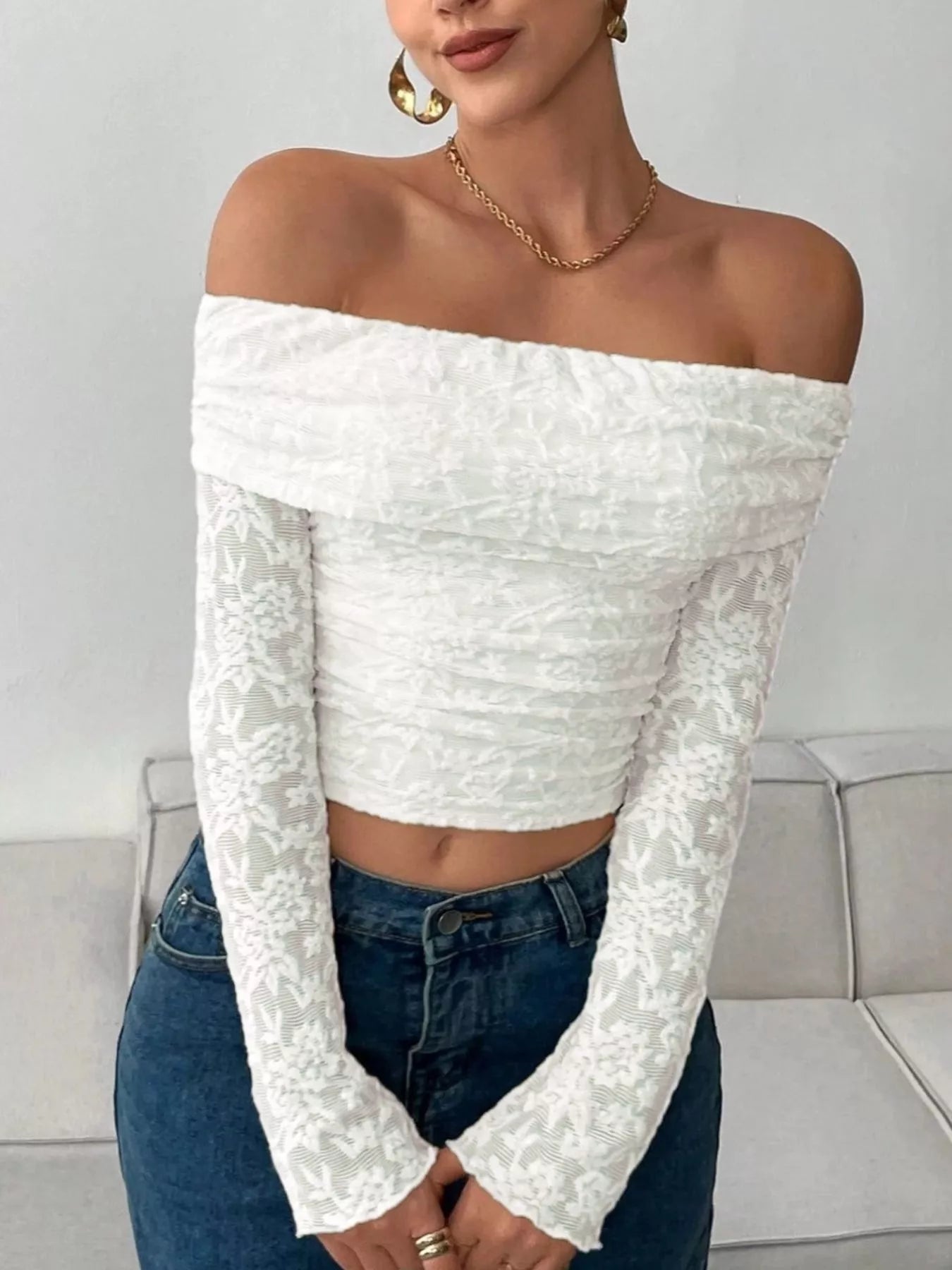 Lace Off - Shoulder Long Sleeve Top - PBNJ FASHIONS
