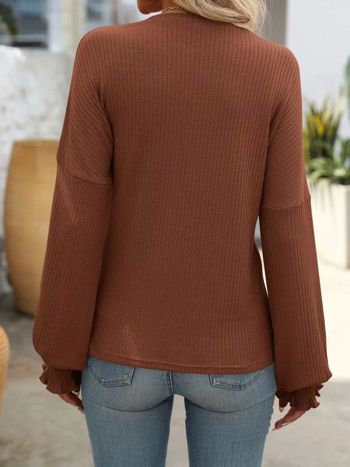 Ribbed Knit Ruffle Cuff T-Shirt - PBNJ FASHIONS