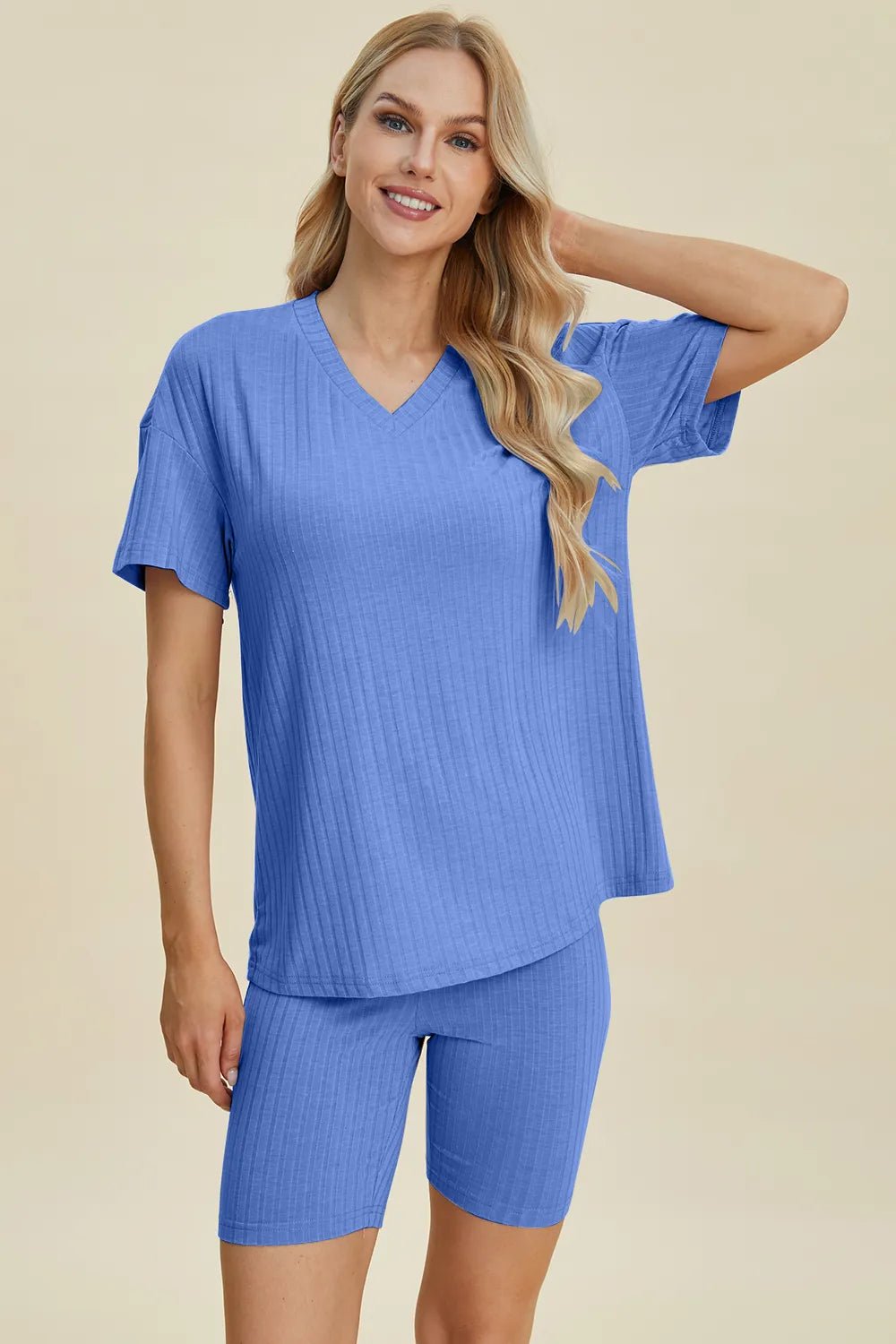 Basic Bae Full Size Ribbed V - Neck Short Sleeve Top and Shorts Set - PBNJ FASHIONS