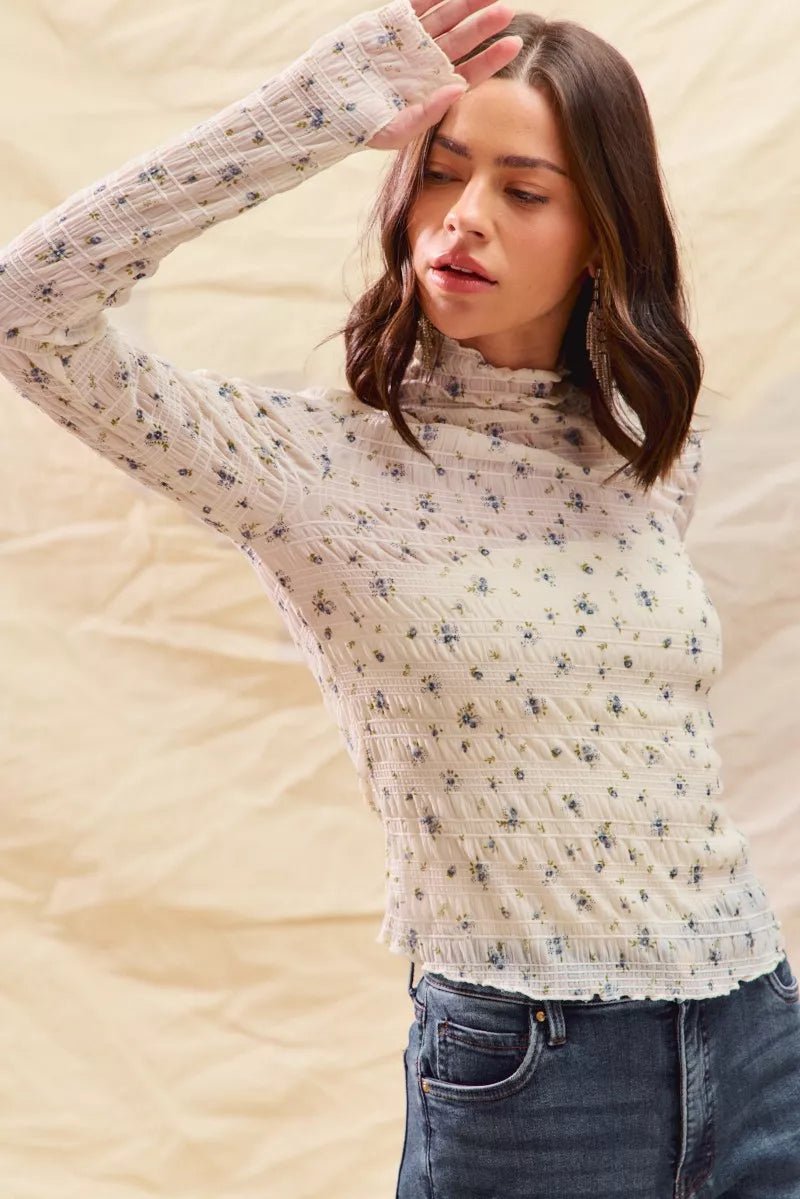 SO ME Floral Print Textured Long Sleeve Knit Top - PBNJ FASHIONS