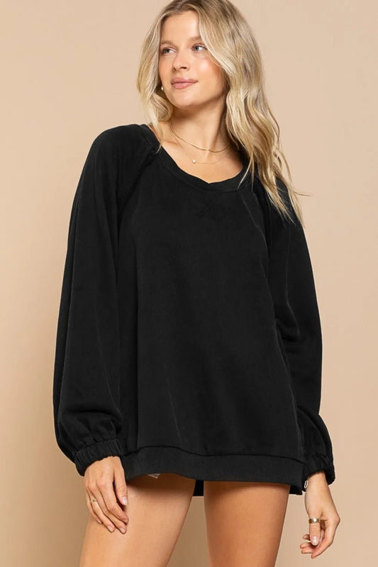 POL Back Cross Strap Detail Balloon Sleeve Sweatshirt - PBNJ FASHIONS