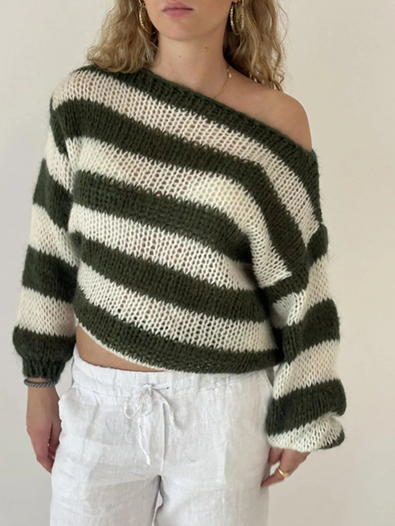 Striped Knit Long Sleeve Sweater - PBNJ FASHIONS